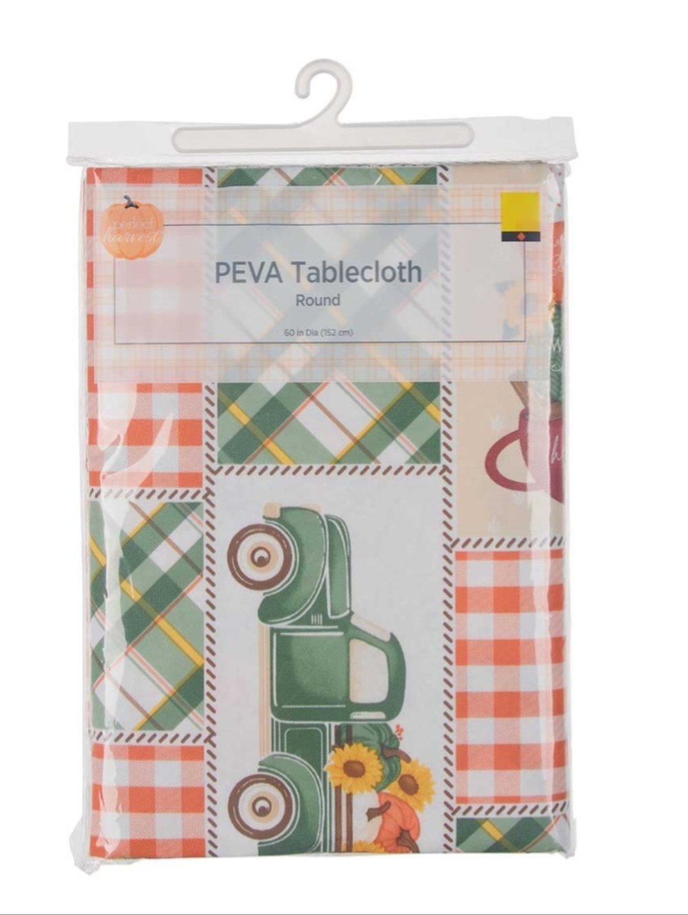 PEVA Round Tablecloth with Green Truck & Orange Plaid 60"